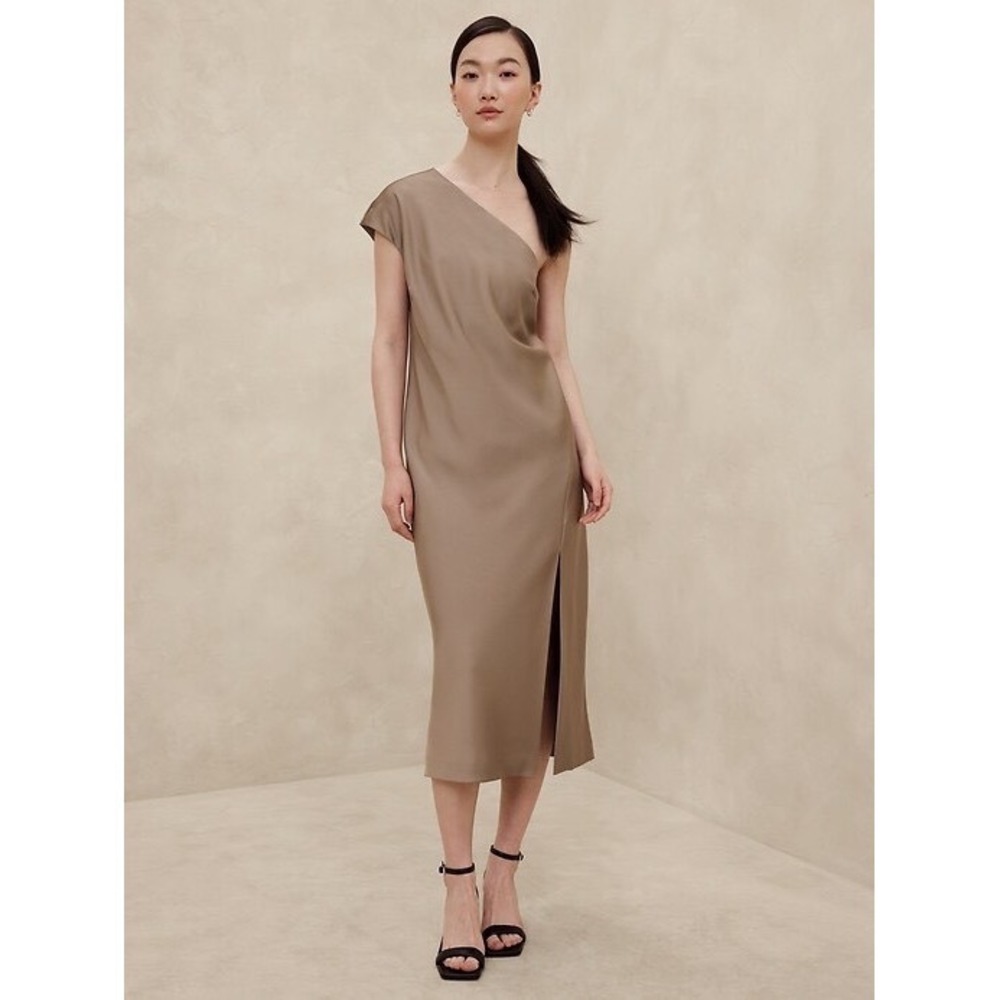 NEW Banana Republic One Shoulder Satin‎ Midi Dress Bronze Women's XXS